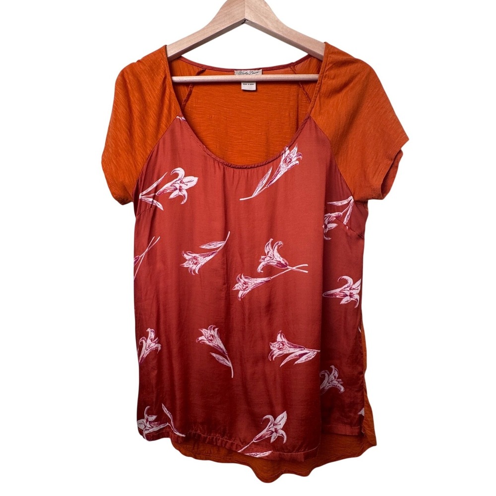Lucky Brand 2000s Orange Floral Lilly Mixed Media Top Large
